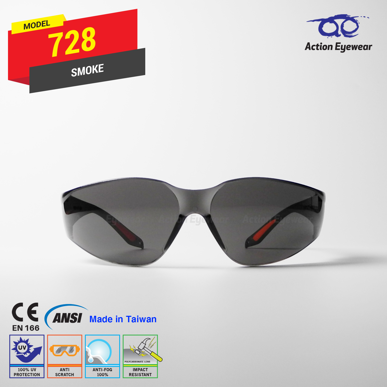 แว่นตานิรภัย รุ่น 728 (กันฝ้า 100%) เลนส์ดำ
