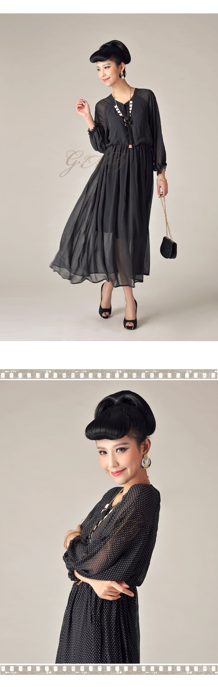 MAXI DRESS ชุดเดรสยาวแฟชั่นแขนยาว สีดำลายจุดขาว คอวี ผ้าชีฟอง จั๊มเอว ใส่เที่ยว ใส่ทำงาน สวยมาก ASIA STREET FASHION