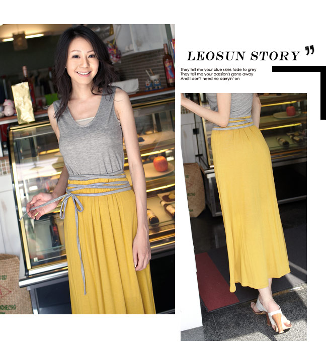 maxi dress ชุดเดรสยาวแฟชั่นแขนกุด ใส่เที่ยว ใส่ทำงาน ผ้าคอตตอน มีสายผูกเย็บติดในตัว สีเทา เหลือง เท่ห์ๆ Asia Street Fashion