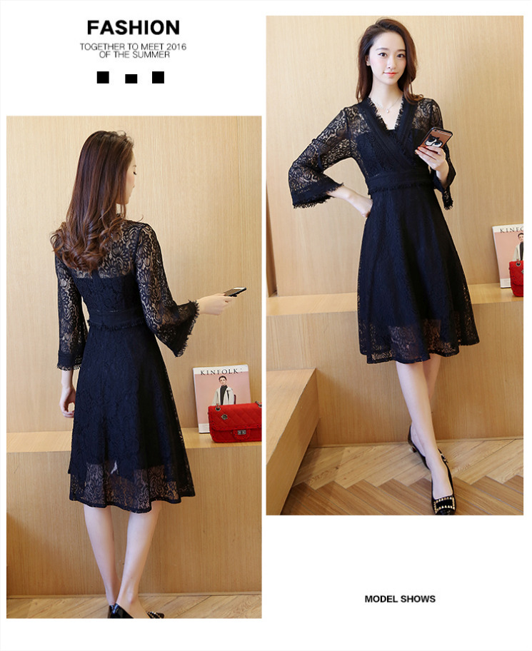 ชุดเดรสลูกไม้สีดำ คอวี มีแขน กระโปรงฟรีไซส์ แนวเรียบร้อย สวยหวาน น่ารักๆ แฟชั่นสวยๆ สไตล์เกาหลี ใส่ได้หลายโอกาส