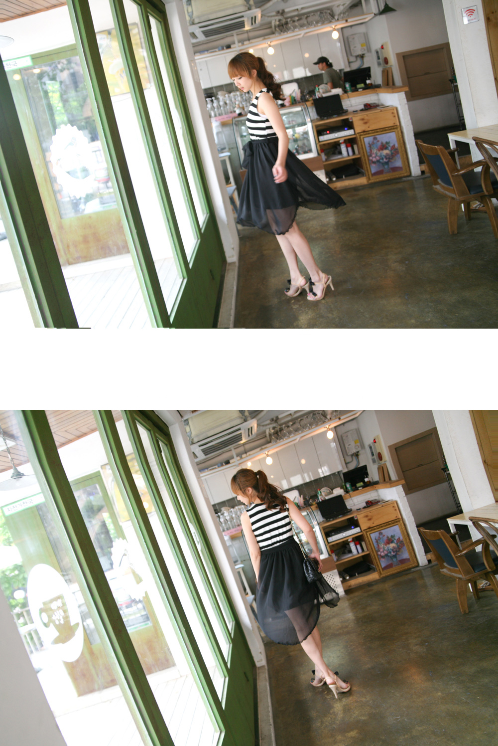 DRESS ชุดเดรสแฟชั่นแขนกุด คอกลม ลายขวางสีดำ ขาว ผ้าคอตตอน + ชีฟอง จั๊มเอว ASIA STREET FASHION