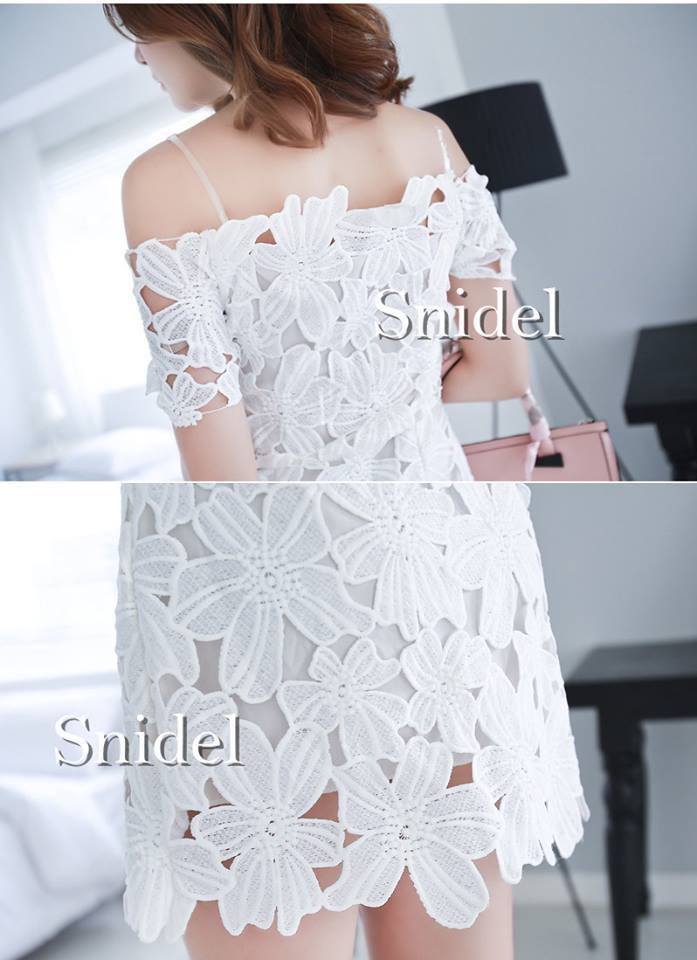 Elegant babies boat neck strapless lace dress เดรสคอปาดลูกไม้ถักแน่น