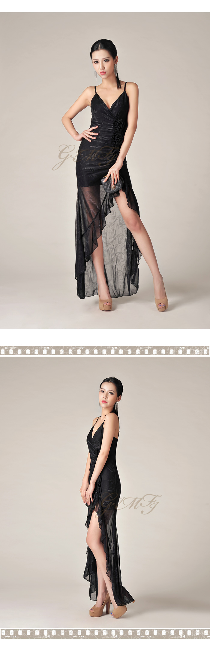 MAXI DRESS ชุดเดรสยาวแฟชั่นสายเดี่ยว SEXY สีดำ ผ้าตาข่าย แต่งดอกไม้ สวยมาก ใส่ออกงานกลางคืนได้ ASIA STREET FASHION