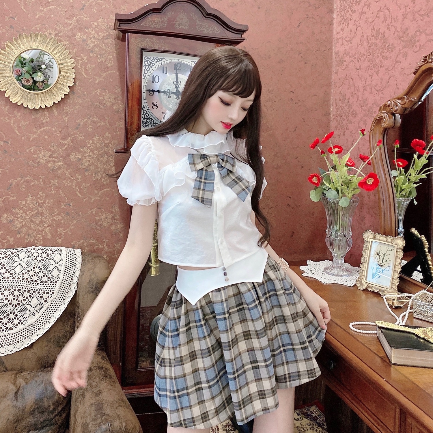Summer Joy : พรีออเดอร์ เสื้อเชิ้ตแฟชั่นแขนตุ๊กตา ติดกระดุมหน้า (สินค้าไม่รวมโบว์ด้านหน้า) แบรนด์แท้