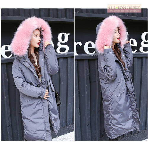 เสื้อกันหนาวฮู้ดดี้ ทรงยาว แต่งเฟอร์หนาฟู งานเกรดดีเหมือนแบบ บุนวมหนา อุ่นมาก หิมะก็เอาอยู่ (ถอดขนถอดฮู้ดได้) เทาฮู้ดชมพู