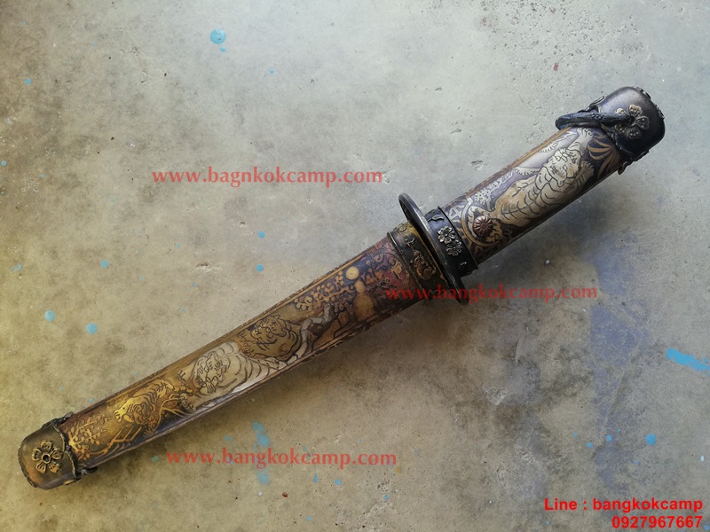 ซามูไรสั้น ดาบญี่ปุ่น ลายเสือเล่มเล็ก ฮาราคีรี ใบมีดเป็นเหล็กลาย (ใบมีดดามัสกัส)