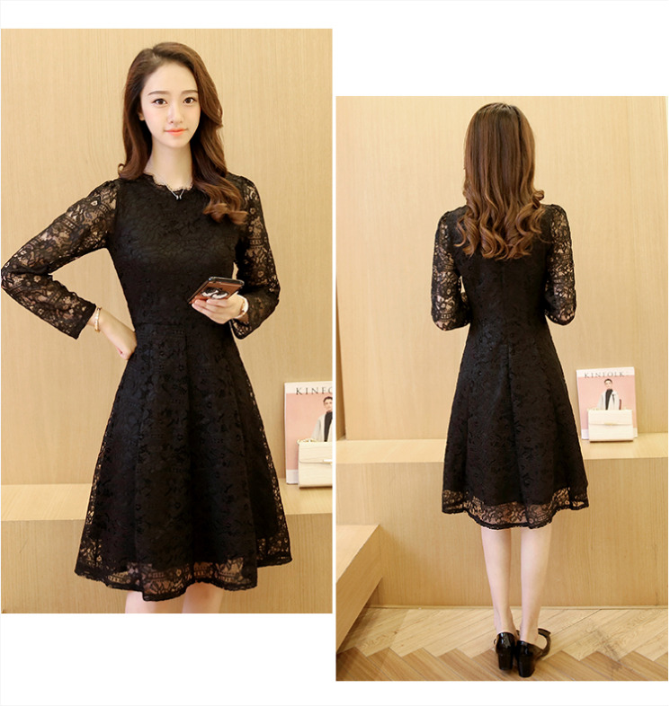 ชุดเดรสลูกไม้สีดำ แขนยาว คอกลม ลุคเรียบหรู สวย ดูดี ใส่ทำงาน ใส่ออกงานได้