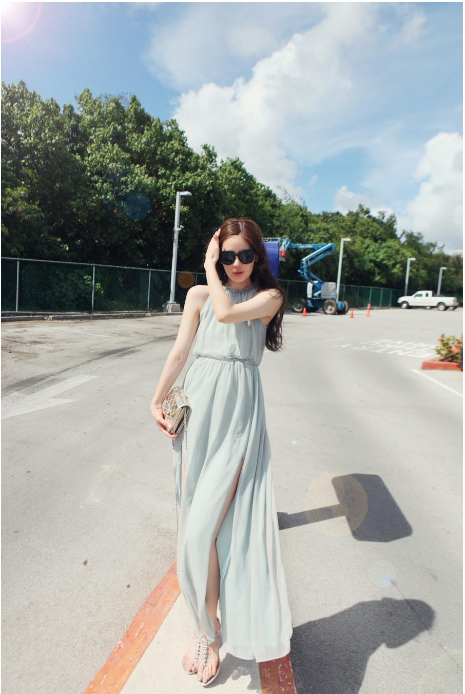 maxi dress - ชุดเดรสยาวผ้าชีฟอง ใสเที่ยว ใส่ทำงาน แขนกุด เปิดหลัง สีเขียว น่ารัก ใส่ออกงานได้ Asia Street Fashion