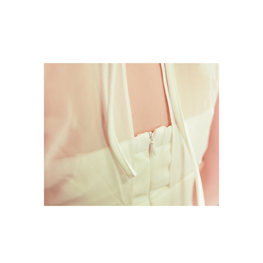 Cyber Spaghetti Strap Women Chiffon Pleated Dresses Summer OffShoulder O Neck Sheer Dress ( Beige )