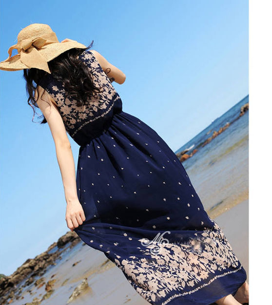 maxi dress เดรสยาวผ้าชีฟอง ใส่เที่ยวทะเลชิวๆ สีน้ำเงิน สวย น่ารักๆ Asia Street Fashion