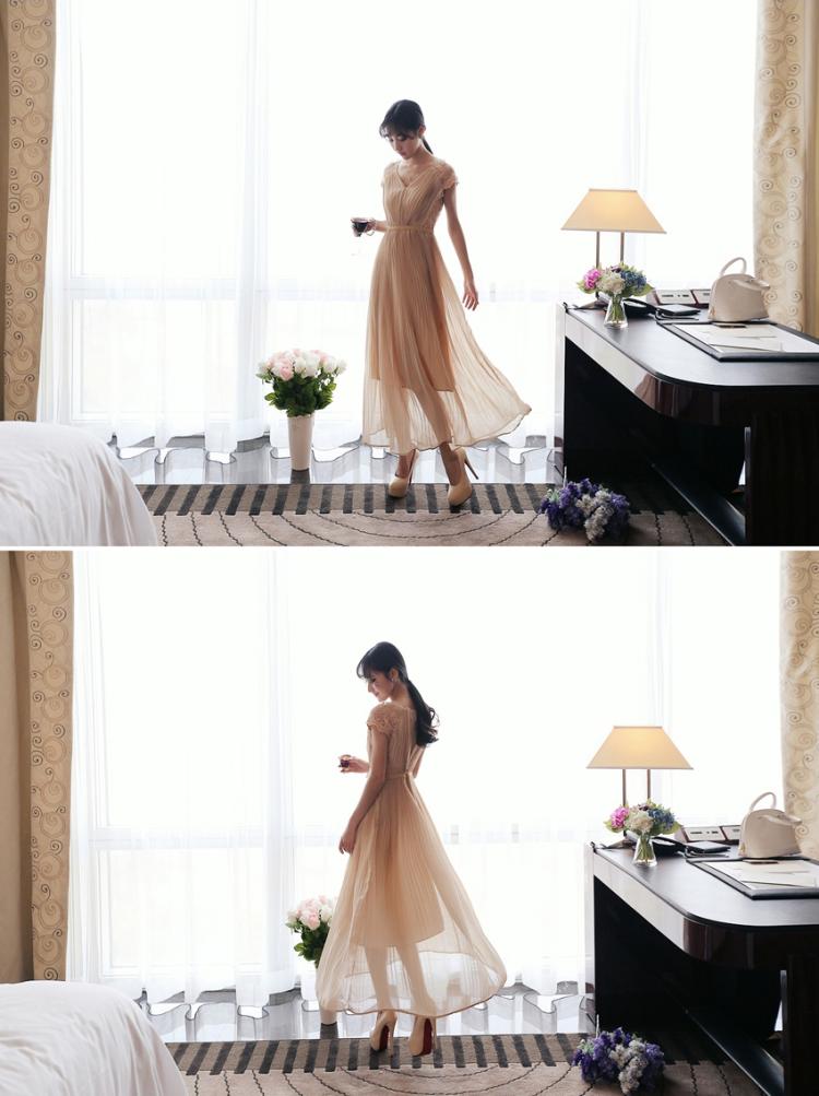 maxi dress-เดรสยาว ผ้าชีฟอง คอวี แต่งลูกไม้ สีกากี อัดพลีททั้งชุด ใส่ทำงาน เที่ยว ใส่ออกงานได้ สวยๆ Asia Street Fashion