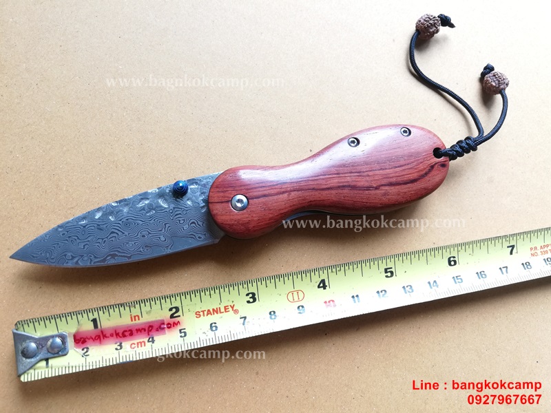 มีดพับ ดามัสกัส Damascus ด้ามไม้ หมุดฟ้า