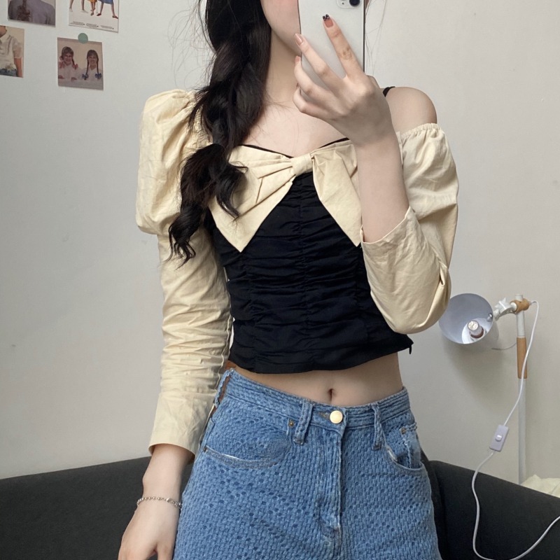 พรีออเดอร์ : เสื้อแฟชั่นสไตล์เกาหลีแขนยาว เปิดไหล่แต่งสายเดี่ยวหนึ่งข้าง