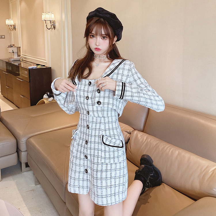 Girly Fancy Club : ชุดเซ็ทแฟชั่นสไตล์เกาหลีญี่ปุ่น (ราคาแยกชิ้น) เสื้อสูทครอปสั้นลายตารางแต่งปกกะลาสี และ เดรสแขนกุดติดกระดุมหน้าเข้าชุด แบรนด์แท้