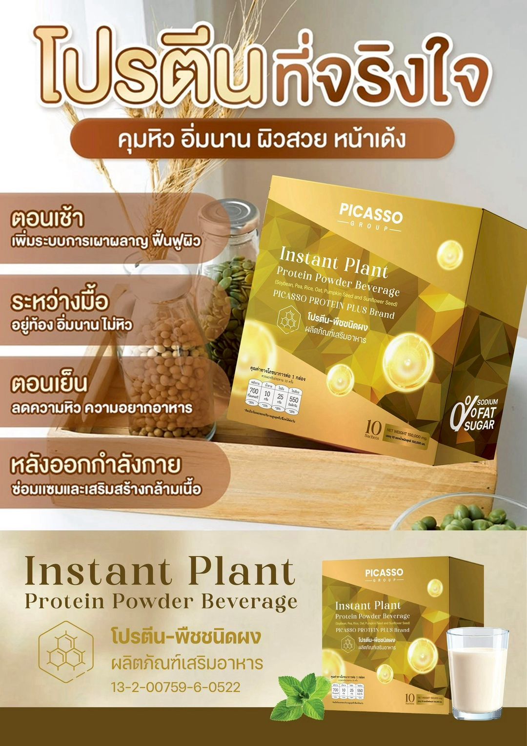 พีคัสโซ่ โปรตีน พลัส (PROTEIN PLUS) โปรตีนพืช-ชนิดผง (1 กล่องมี 10 ซอง)