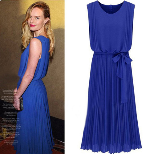 MAXI DRESS - ชุดเดรสยาวแขนกุด สีน้ำเงิน ผ้าชีฟอง ใส่ทำงาน กระโปรงอัดพลีท ใส่ออกงาน ASIA STREET FASHION