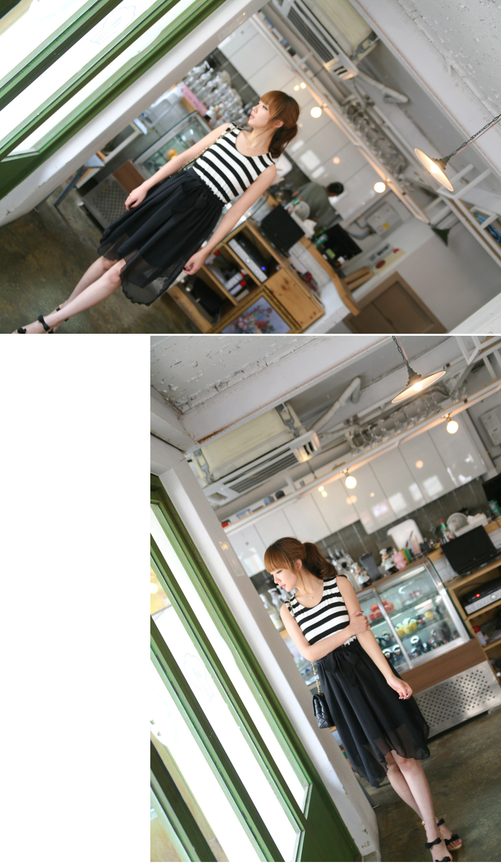 DRESS ชุดเดรสแฟชั่นแขนกุด คอกลม ลายขวางสีดำ ขาว ผ้าคอตตอน + ชีฟอง จั๊มเอว ASIA STREET FASHION