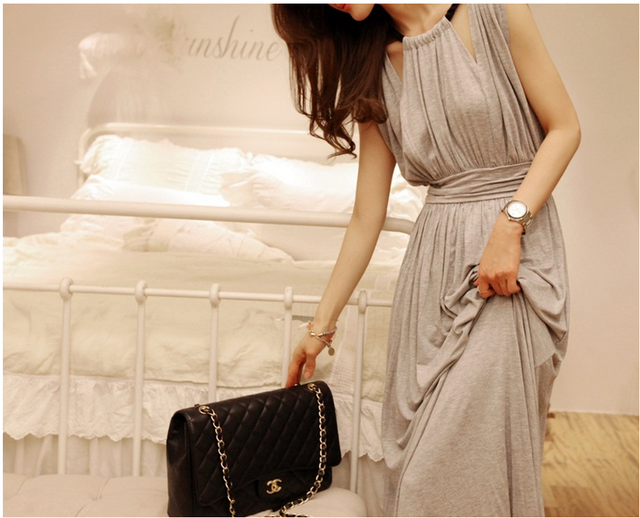 maxi dress ชุดเดรสยาวแฟชั่น คอรูด แขนกุด ใส่ทำงาน ผ้าคอตตอน ซิบหลัง สีเทา ใส่เที่ยว เท่ห์ๆ จ้า Asia Street Fashion