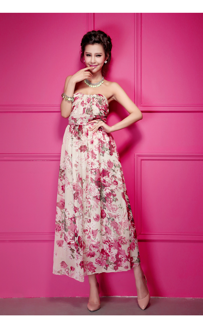 maxi dress ชุดเดรสยาวเกาะอก งานแต่งงาน ผ้าชีฟอง พื้นสีเบจลายดอกไม้สีชมพูเขียว ใส่ออกงาน น่ารัก สวยๆ Asia Street Fashion