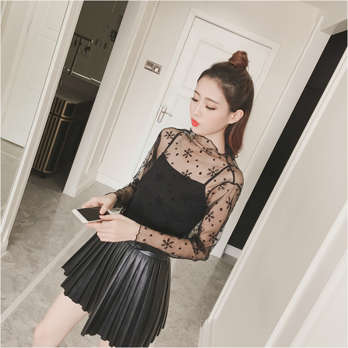 เสื้อซีทรูสีดำ ลายหิมะ แขนยาว สวยเก๋ เซ็กซี่