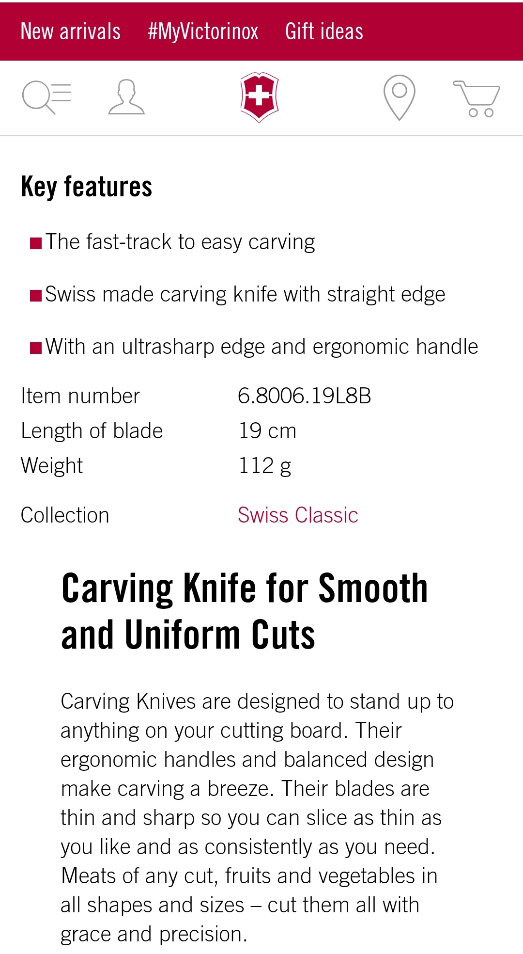 มีดครัว VICTORINOX 6.8006.19L8B Swiss Classic Carving Knife Made in Switzerland ใหม่ แท้
