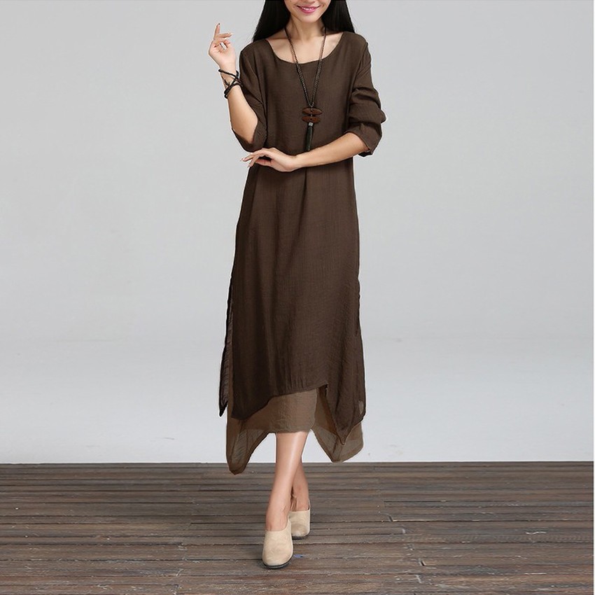 ZANZEA ชุดเดรสออนไลน์ยาวทรงเอ สำหรับผู้หญิง BOHO Sundress Cotton Linen