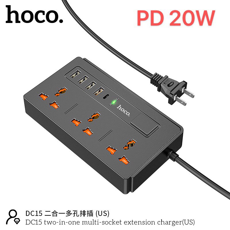 Hoco DC15 2in1 Multi-Socket Charger QC 3.0 PD 20W - รางปลั๊กไฟ ปลั๊กพ่วง 3 ช่อง และ USB 4 ช่อง PD 1 มีเทคโนโลยีชาร์จเร็วทั้ง PD 20W และ Quick Charge 3.0