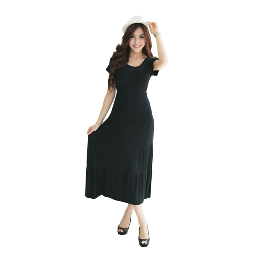 fashionstory Maxi Ladies Dresses ผ้ายืดเรย่อนเนื้อนิ่ม ทรงกระโปรงระบาย(สีดำ)
