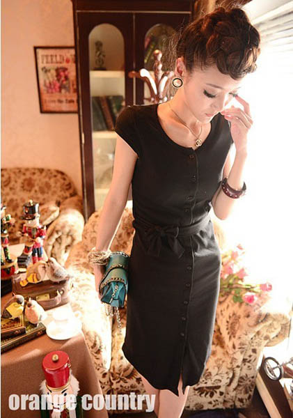 dress ชุดเดรสแฟชั่นเกาหลี ใส่เที่ยว ทำงาน ผ้า Cotton กระดุมหน้า พร้อมสายผูกเอว สีดำ น่ารักๆ Asia Street Fashion (พรีออเดอร์)