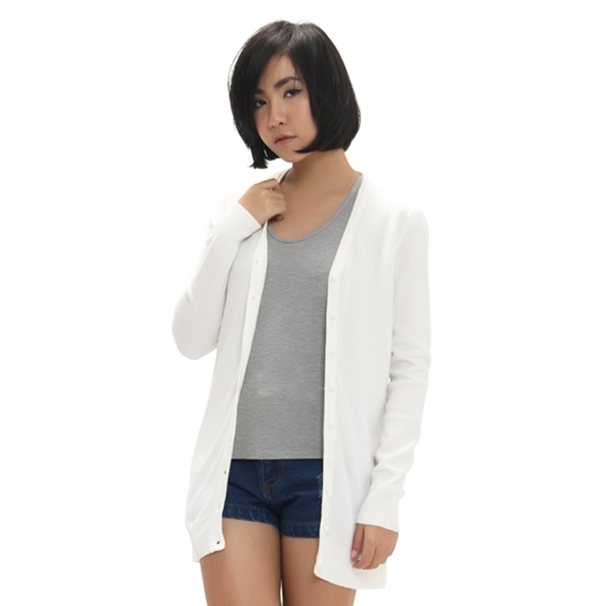 Fashionstory เสื้อคลุมไหมพรมคาดิแกนตัวยาว - สีขาว
