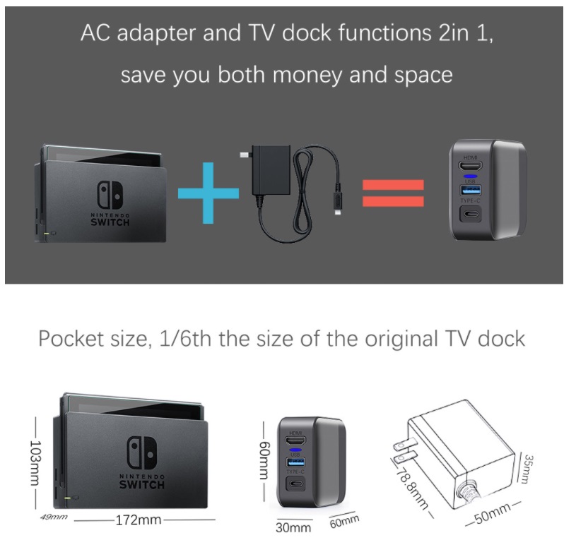 AC Adapter & TV Dock Function 2in1 แปลงสวิชเล่นบนทีวีแบบพกพา