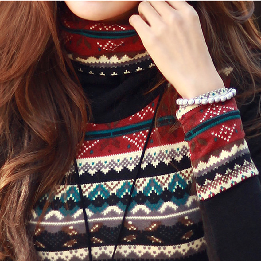 New Korean Fashion Women T-shirt Retro Print Turtle Neck LongSleeve Thickened Basic Shirt Tops