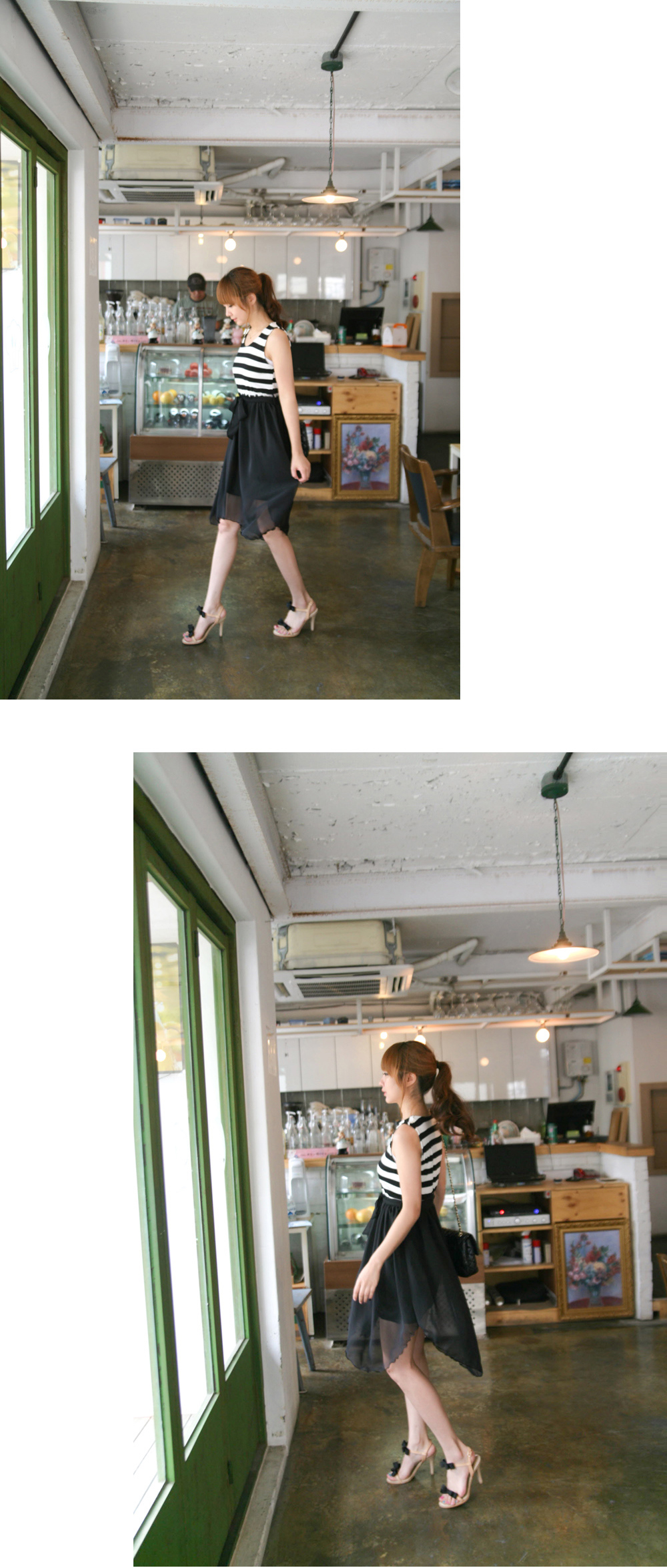 DRESS ชุดเดรสแฟชั่นแขนกุด คอกลม ลายขวางสีดำ ขาว ผ้าคอตตอน + ชีฟอง จั๊มเอว ASIA STREET FASHION
