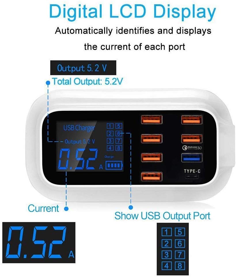 CD-A19Q USB Charger LCD 8 port 40W - แท่นชาร์จ USB 7 ช่อง รองรับ QC3.0, PD,Type-C
