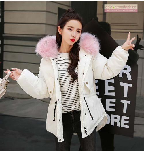 เสื้อกันหนาวฮู้ดดี้ แต่งเฟอร์หนาฟู งานเกรดดีเหมือนแบบ บุนวมหนา อุ่นมาก หิมะก็เอาอยู่ (ถอดขนถอดฮู้ดได้) ขาวฮู้ดชมพู M