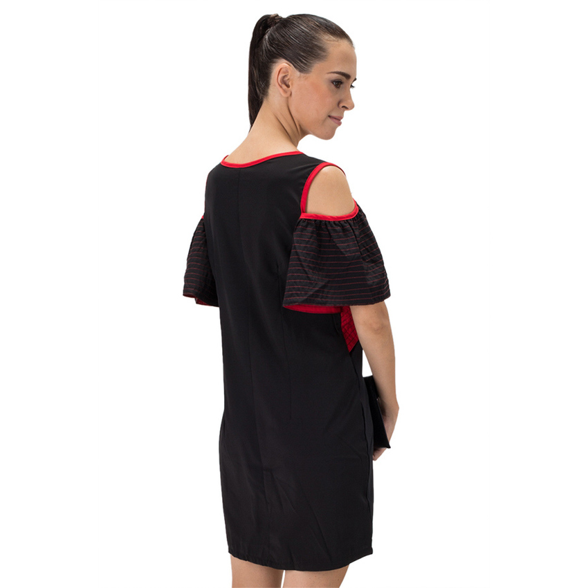 All about Fashionista เดรสสั้นสไตล์ทูโทน เว้าไหล่ แขนระบาย - สีดำ