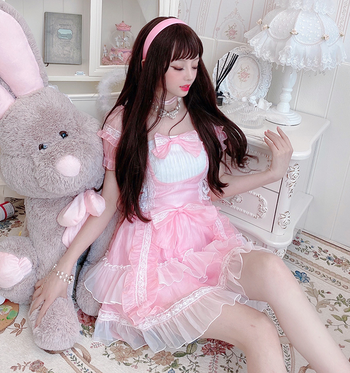 Summer Joy : พรีออเดอร์ เดรสสั้นสไตล์โลลิต้าน่ารักๆ สีชมพู แขนตุ๊กตา แบรนด์แท้