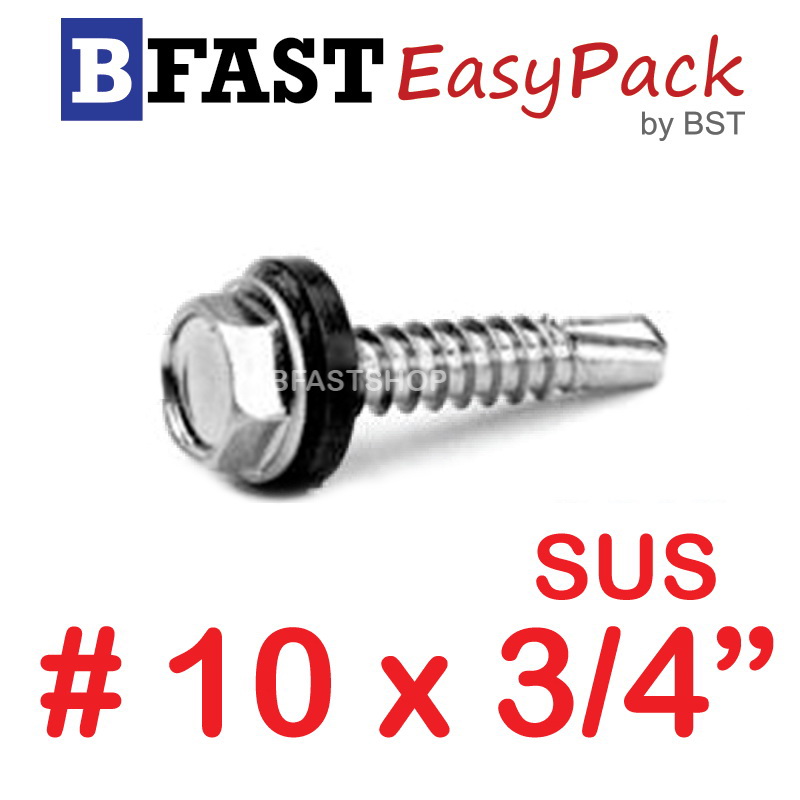 สกรูหัวเหลี่ยมปลายสว่านสแตนเลส SUS #10 x 3/4" ( 5ตัว/ถุง)