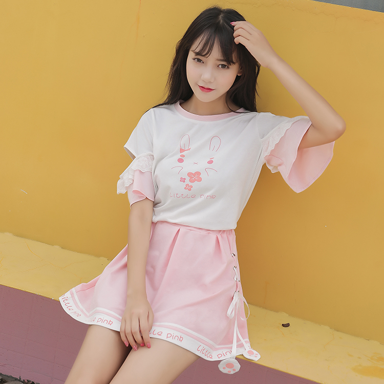 พรีออเดอร์ : เสื้อยืดคอกลมสไตล์ญี่ปุ่นแขนสั้นพิมพ์ลายกระต่ายน่ารักๆ