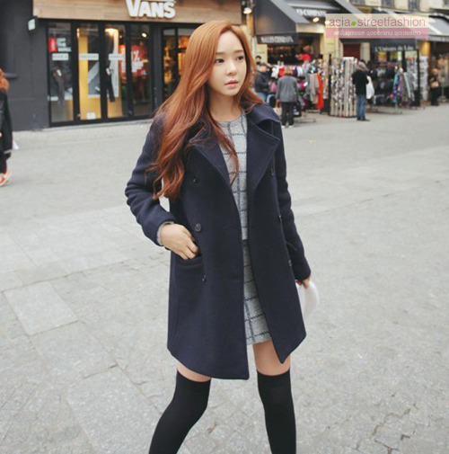 เสื้อโค้ทกันหนาว รุ่นกระดุม 2 แถว สไตล์เกาหลี ผ้าวูลเนื้อดี พร้อมส่ง DARK BLUE