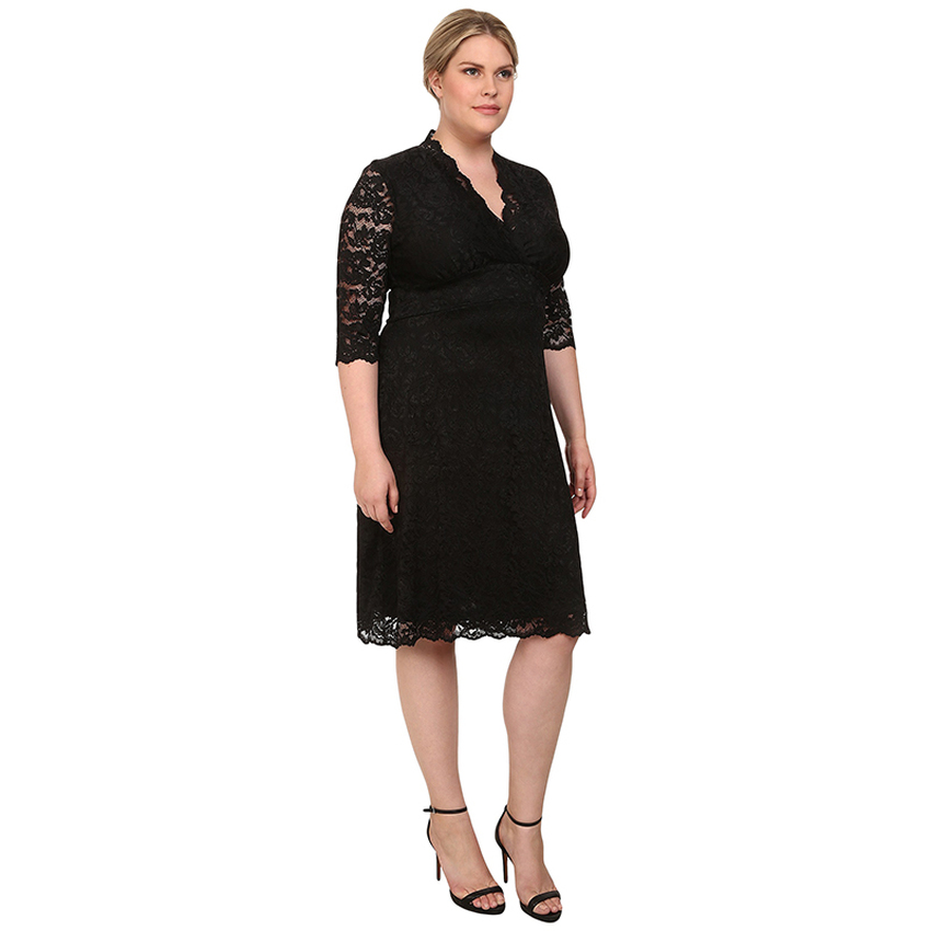 European and American women's large size 2016 spring V-neck SexySlim lace dress(Black)- Intl