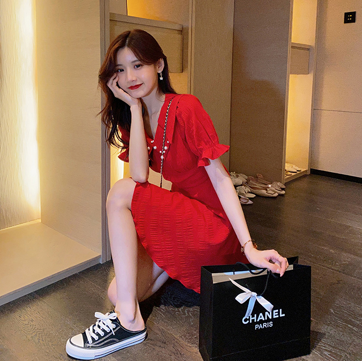 Palglg : พรีออเดอร์เดรสแฟชั่นสไตล์เกาหลีสีแดงแบบสวยแต่งปกประดับมุกตามแบบ แบรนด์แท้