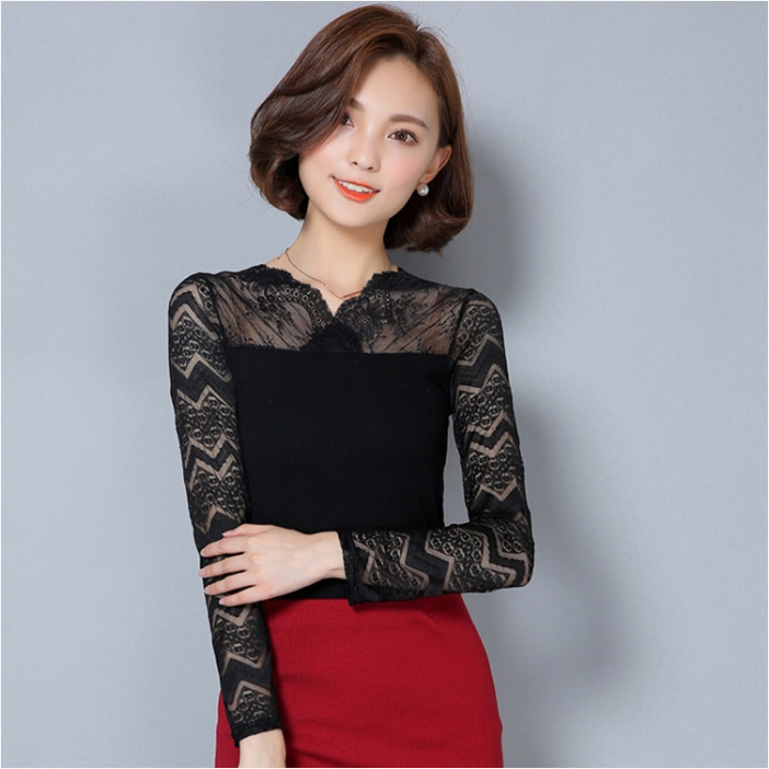เสื้อทำงานผู้หญิงสีดำ แขนยาวลูกไม้ แนวเรียบๆ สวยดูดี แฟชั่นทำงานออฟฟิศ