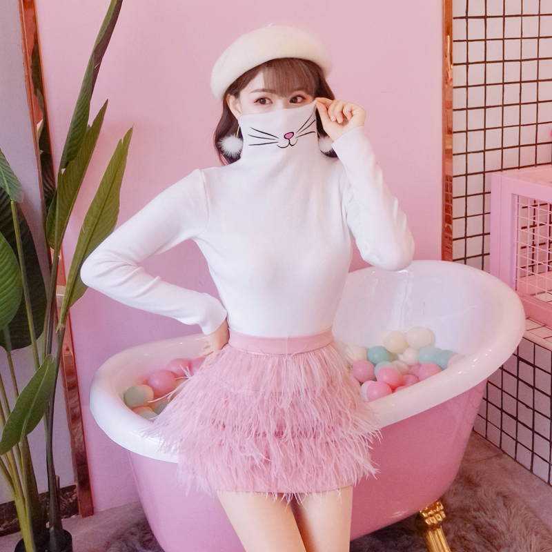 พรีออเดอร์ : เสื้อแฟชั่นฤดูหนาวแขนยาวสีขาวคอเต่า ผ้ายืด ปักลายหน้าแมวน่ารักๆ ตามแบบ