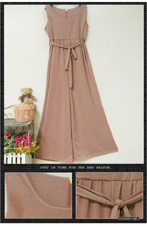fashion jumpsuit เอี๊ยมกางเกงขายาว สีกากีอมม่วง แขนกุด คอกลม ผ้าคอตตอน ใส่สบาย เท่ห์ๆ มาพร้อมกับเชือกผูกเอว จ้า