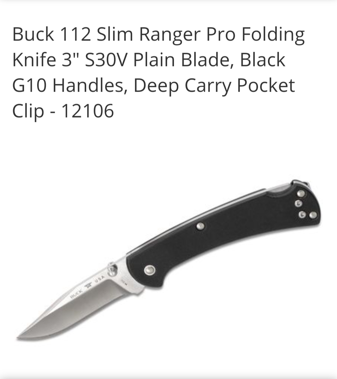 มีดพับ Buck112 Slim Ranger Pro Folding Knife 3" S30V Plain Blade, Black G10 Handles, Deep Carry Pocket Clip - 12106