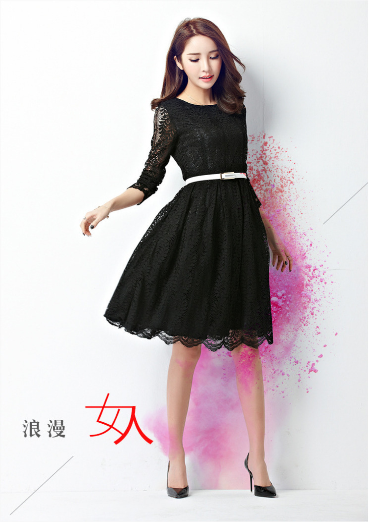 ชุดเดรสลูกไม้สีดำ แขนยาว กระโปรงทรงบาน แฟชั่นสาวออฟฟิศ ลุคเรียบร้อย สวยหวาน ดูดี