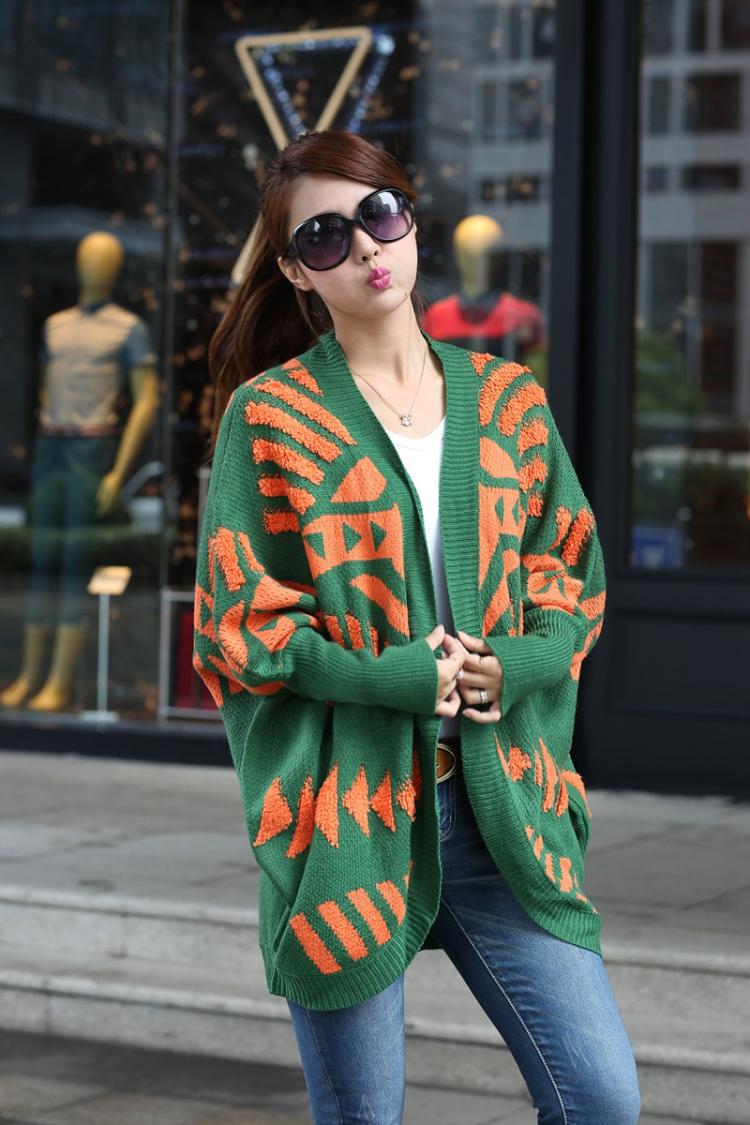 fashion เสื้อคลุม ไหมพรม สีเขียว ส้ม ใส่กันหนาวได้ อุ่นๆ น่ารัก