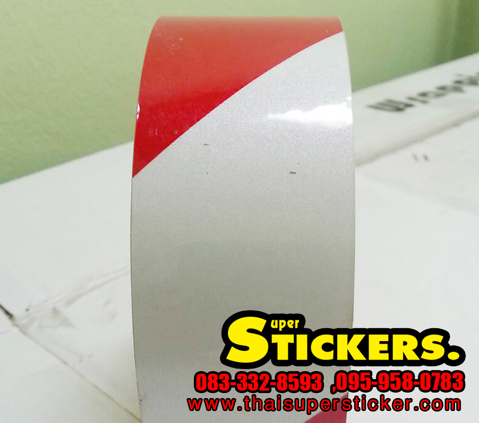 สติ๊กเกอร์ ขาว - แดง สะท้อนแสง ลายเฉียง กว้าง 2 นิ้วXยาว 45 เมตร