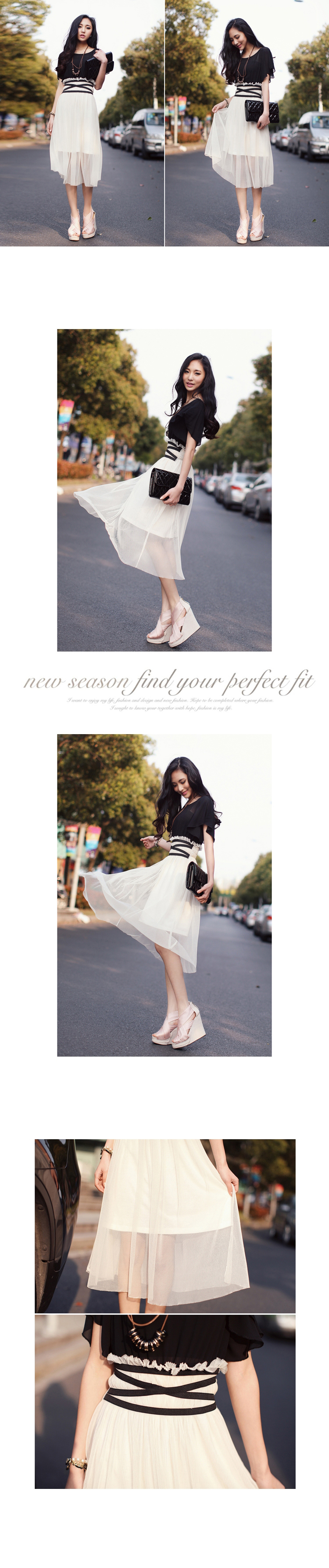 MAXI DRESS ชุดเดรสยาวแฟชั่นแขนสั้น ใส่ทำงาน เที่ยว ตัวเสื้อสีดำ กระโปรงสีขาวครีมผ้ามุ้ง ใส่ออกงาน สวยๆ ASIA STREET FASHION